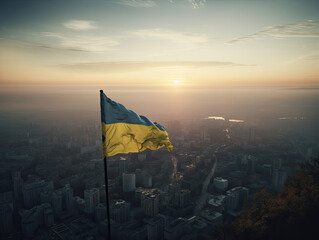 Beautiful Ukraine Flag against Sunrise Skyline - Generative AI