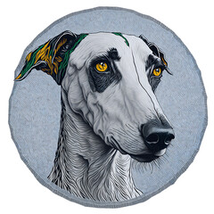 "Drawing of White Dog with Yellow Eyes - Art Nouveau Fashion Embroidered" - Generative AI