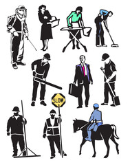 workers: beekeeper, woman shopping, housewife, ironing, sweeping, laying pipe, office, shovel, , road grader, construction traffic director, mounted policeman, 