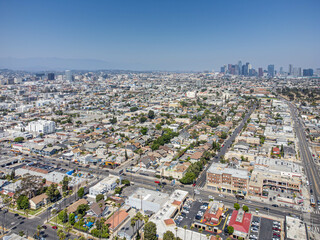 Los Angeles, California - June 29, 2023: Aerial drone photo around LA Koreatown near Western Ave...