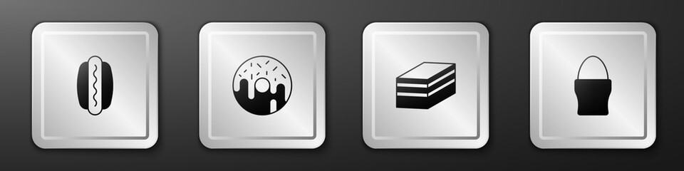 Set Hotdog, Donut, Piece of cake and Chicken egg stand icon. Silver square button. Vector