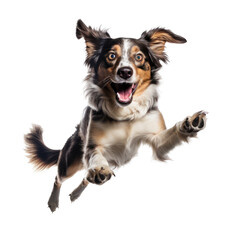 an Australian Shepard, jumping mid-air for a frisbee, in various positions Pet-themed, photorealistic illustration in a PNG, cutout, and isolated. Generative AI
