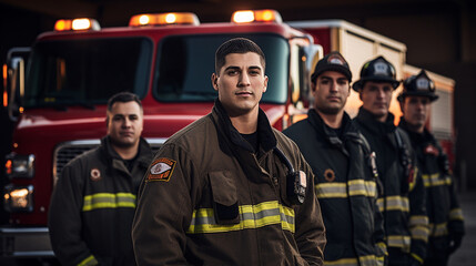 Firefighters standing tall and confident against the backdrop of a fire station Generative AI