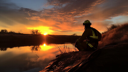 A firefighter taking a moment to appreciate a beautiful sunset or sunrise, capturing the serenity after a long day Generative AI