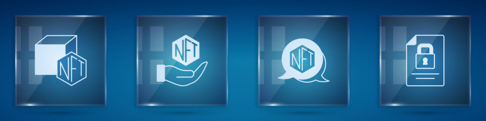 Set NFT Digital crypto art, and Document and lock. Square glass panels. Vector - obrazy, fototapety, plakaty