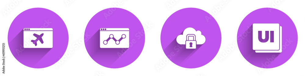 Poster set website template, statistic, cloud computing lock and ui or ux design icon with long shadow. vec