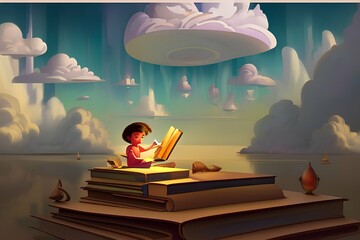 Floating Fantasia: Surrealist Portrait of a Child Immersed in Books