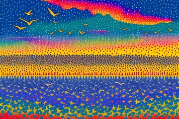Skyward Symphony: Migratory Birds in Unity Against a Pointillist Sunset