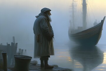 Harbor Reflections: A Mariner's Introspection Captured in Realist Detail
