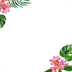 Summer tropical background with monstera leaves and plumeria flowers. Watercolor illustration. Greeting cards, wedding invitations, flyers and banners