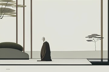 Mindful Minimalism: A Monk's Peaceful Contemplation in a Garden