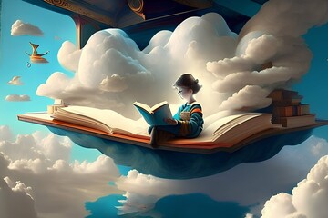 Dreamscape Reader: A Child's Imaginative Journey in a Surrealist Sky Library