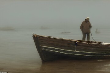 Solitude at Sea: Realistic Portrait of a Weathered Mariner in Foggy Dawn