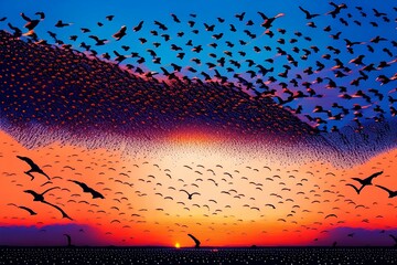 Pointillist Passage: Migratory Birds United in Sunset's Embrace
