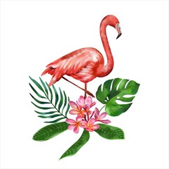 Pink flamingo, plumeria and tropical leaves isolated on white background. Watercolor tropical composition. Greeting cards, summer flyers and banners.