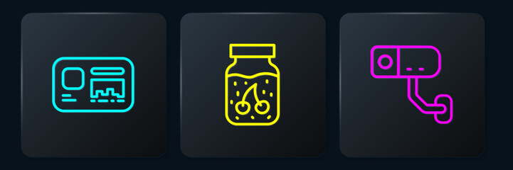 Set line Identification badge, Security camera and Jam jar. Black square button. Vector