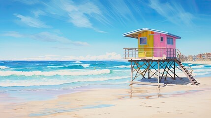 a horizontal format, Summer ocean scapes with light aquas, corals, yellows and pinks, bungalows, and vans, in a JPG format. Generative AI 