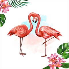 Two pink flamingos on the background of exotic plants. Watercolor illustration of a tropical composition. Greeting cards, summer flyers and banners.