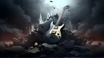 Rock poster or background, guitar on the black. Illustration. Ai generation.