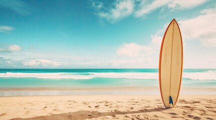 a horizontal format, Summer ocean scapes with light aquas, corals, yellows and pinks, bungalows, and vans, in a JPG format.  Generative AI