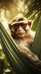 Funky Monkey in Aviator Sunglasses Surrounded by Palm Trees