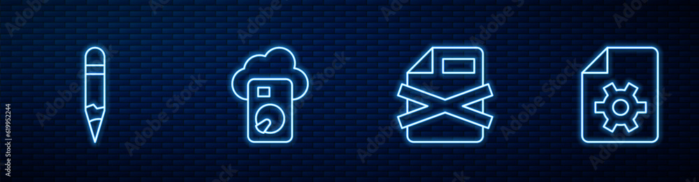 Poster set line delete file document, pencil, cloud database and document settings. glowing neon icon on br