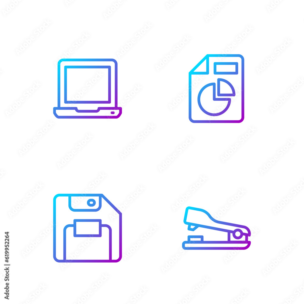 Poster set line stapler, floppy disk, laptop and document with graph chart. gradient color icons. vector