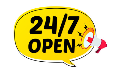 24 hours open banner speaker color style isolated on white background. Clock, stopwatch, cooking time label. vector 10 eps