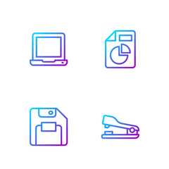 Set line Stapler, Floppy disk, Laptop and Document with graph chart. Gradient color icons. Vector