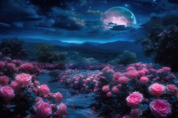 Obraz na płótnie Canvas serene night landscape with blooming pink roses and a bright full moon