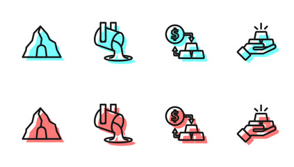 Set line Gold exchange money, mine, Molten gold being poured and bars icon. Vector
