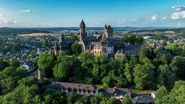 Medieval castle in Braunfels, Hesse, Germany, with many later additions. Aerial 4K revealing video in summer in sunset light
