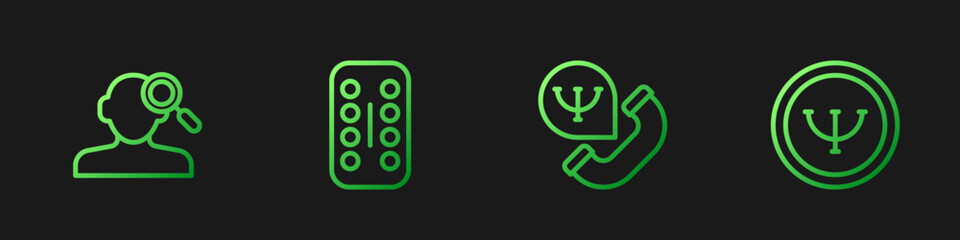 Set line Online psychological counseling, Finding problem psychology, Sedative pills and Psychology. Gradient color icons. Vector
