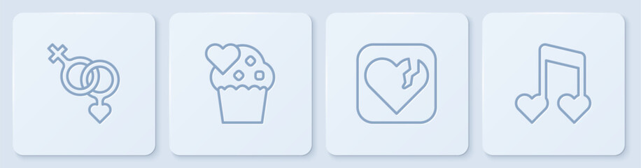 Set line Gender, Broken heart or divorce, Wedding cake and Music note, tone with hearts. White square button. Vector