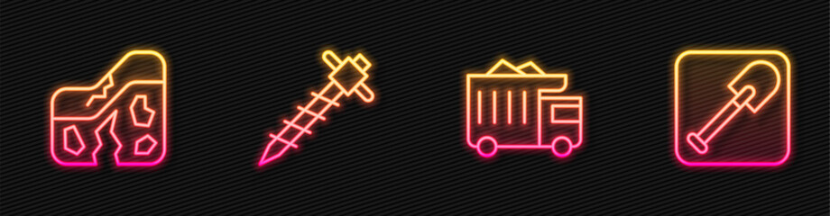 Set line Mining dump truck, Geological fault, Construction jackhammer and Shovel. Glowing neon icon. Vector