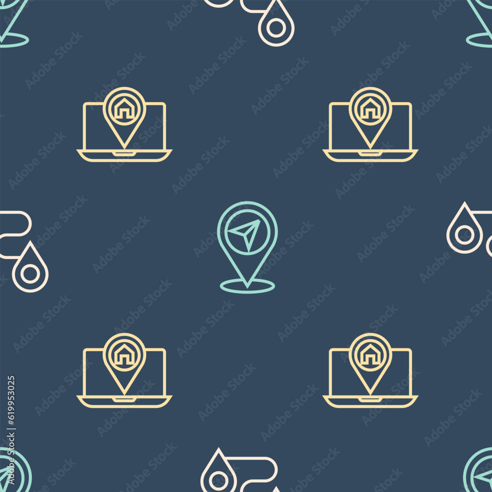 Poster set line route location, city map navigation and map pin on seamless pattern. vector