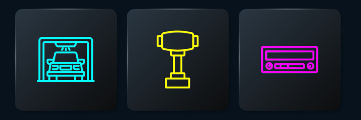 Set line Car wash, audio and Gear shifter. Black square button. Vector