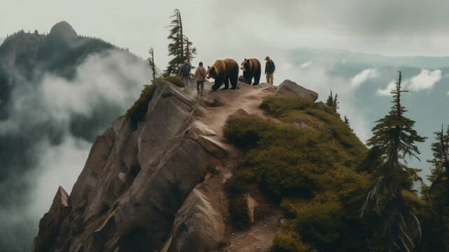 AI Generated collection landscapes showing hikers encountering bears and unsplash photos of hikers in the treacherous steep ice mountains of the magical beautiful wonderland 