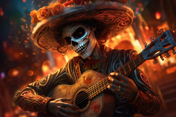 A skeleton mariachi playing the guitar. The Day of the Dead style. Generative AI