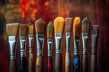 Fototapeta premium Row of used paintbrushes closeup on wooden background. Brushes with colorful paints. Generative AI