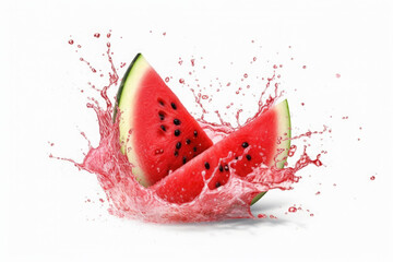 Watermelon in red fresh juice splash. Watermelon juice. Fresh fruit. Generative AI