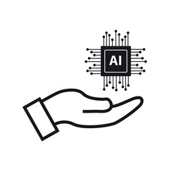 Mano sosteniendo un icono de inteligencia artificial sobre un fondo blanco. Vista de frente y de cerca. Copy space