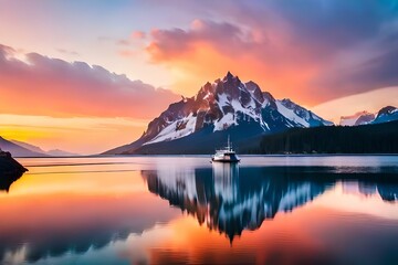 Fototapeta na wymiar sunrise over the lake generated by AI technology 