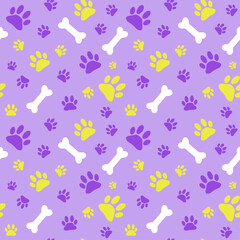 Fototapeta na wymiar Seamless pattern for pet shop with purple background. Bright print for clothes or accessories for dogs with paw and bone vector
