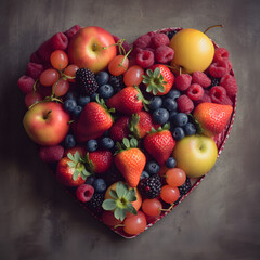 A big heart made of beautiful fruit. minimal concept of summer and healthy food