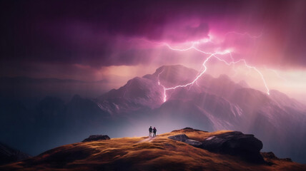 AI Generated collection of  photorealistic hikers battling magenta golden lightening thunderstorm on the top of a great magical mountain surrounding by amazing space galaxy background,photorealistic