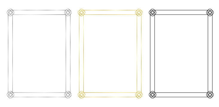 Set of frames. Vector frame isolated on white. Black, golden, silver, metal frame with flowers