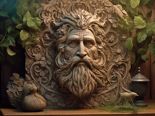 magical living huge tree with the face of an elderly person or a gnome, close-up Generative AI