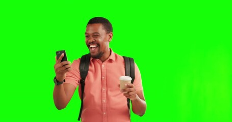 Green screen, phone and black man excited with notification, news or announcement of winning, deal or promotion. Happy, student and celebration of winner of surprise, bonus or reward on background