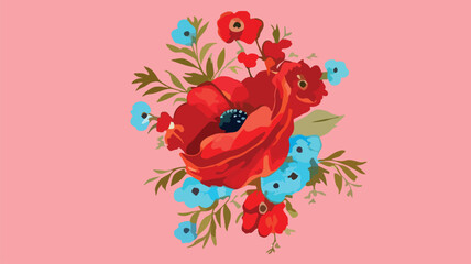 Abstract flower with leaves on a pink background, manga, anime style painted.